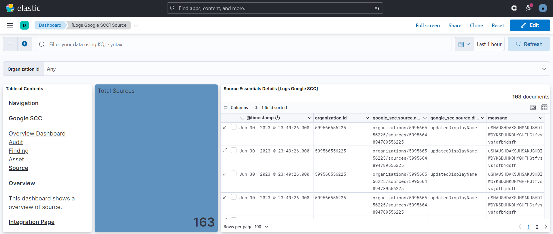 Google SCC Source Dashboard Screenshot
