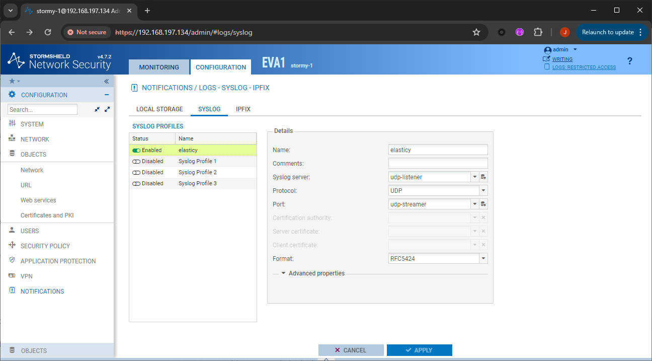 SNS Configuration Syslog