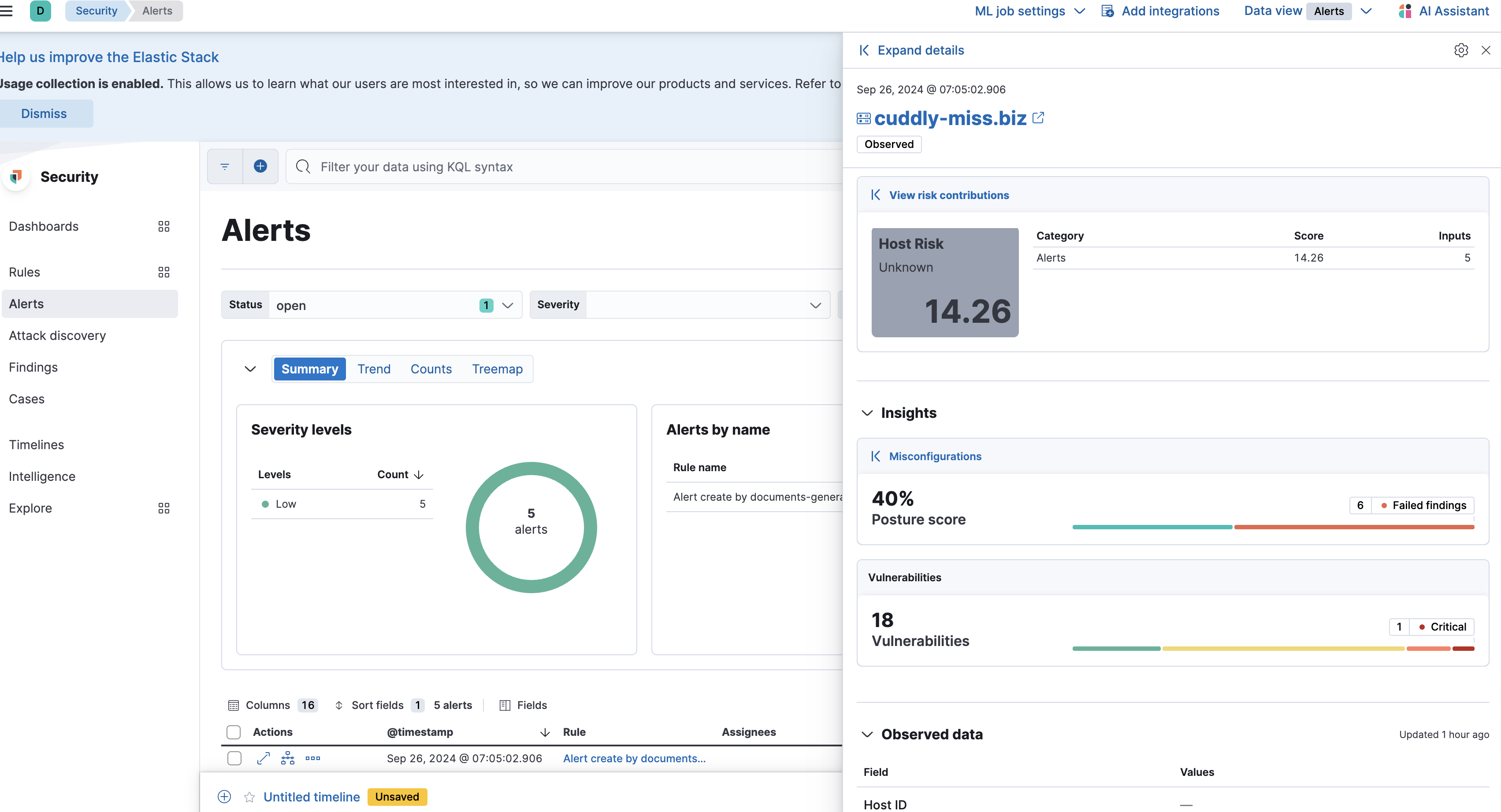 Misconfiguration Findings view with Wiz data in Elastic Security Screenshot