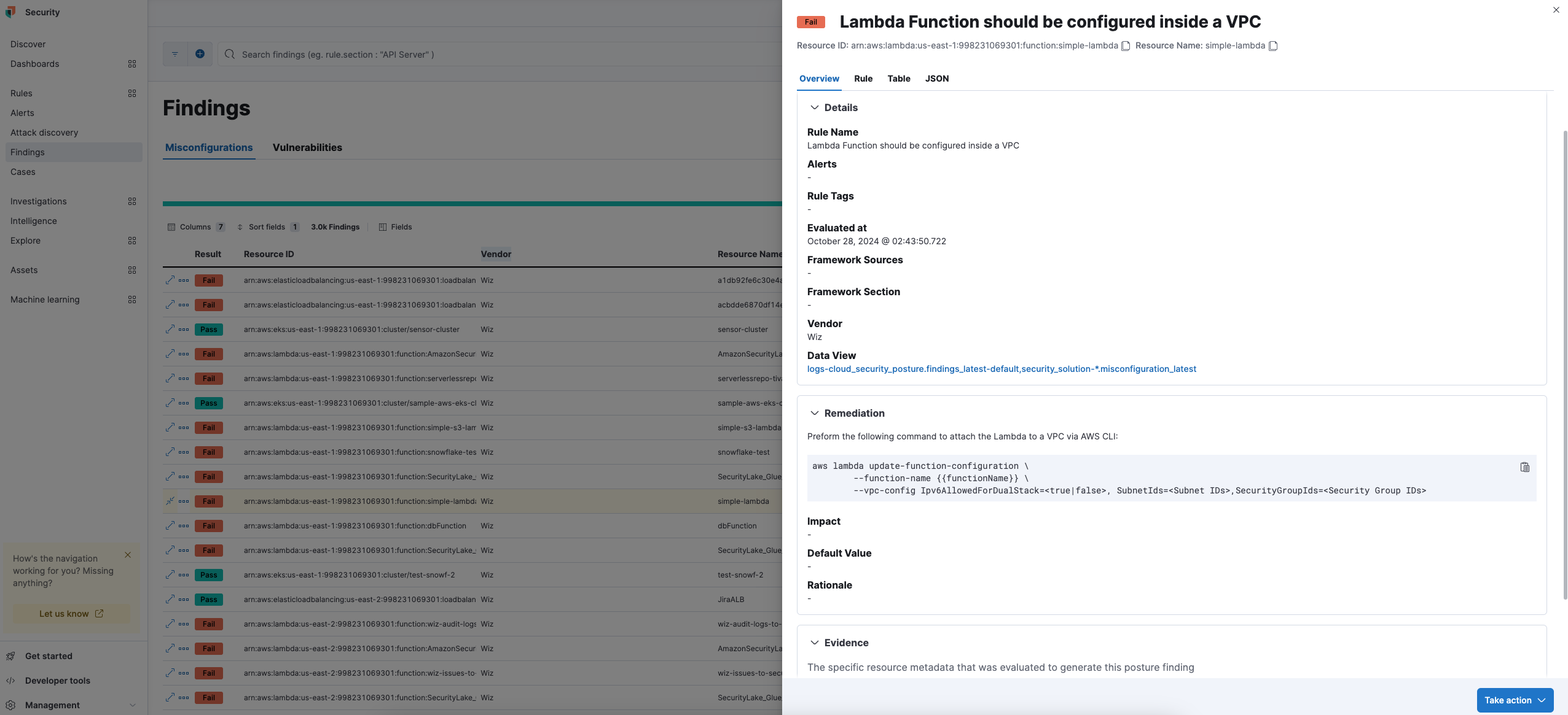 Misconfiguration Findings view with Wiz data in Elastic Security Screenshot